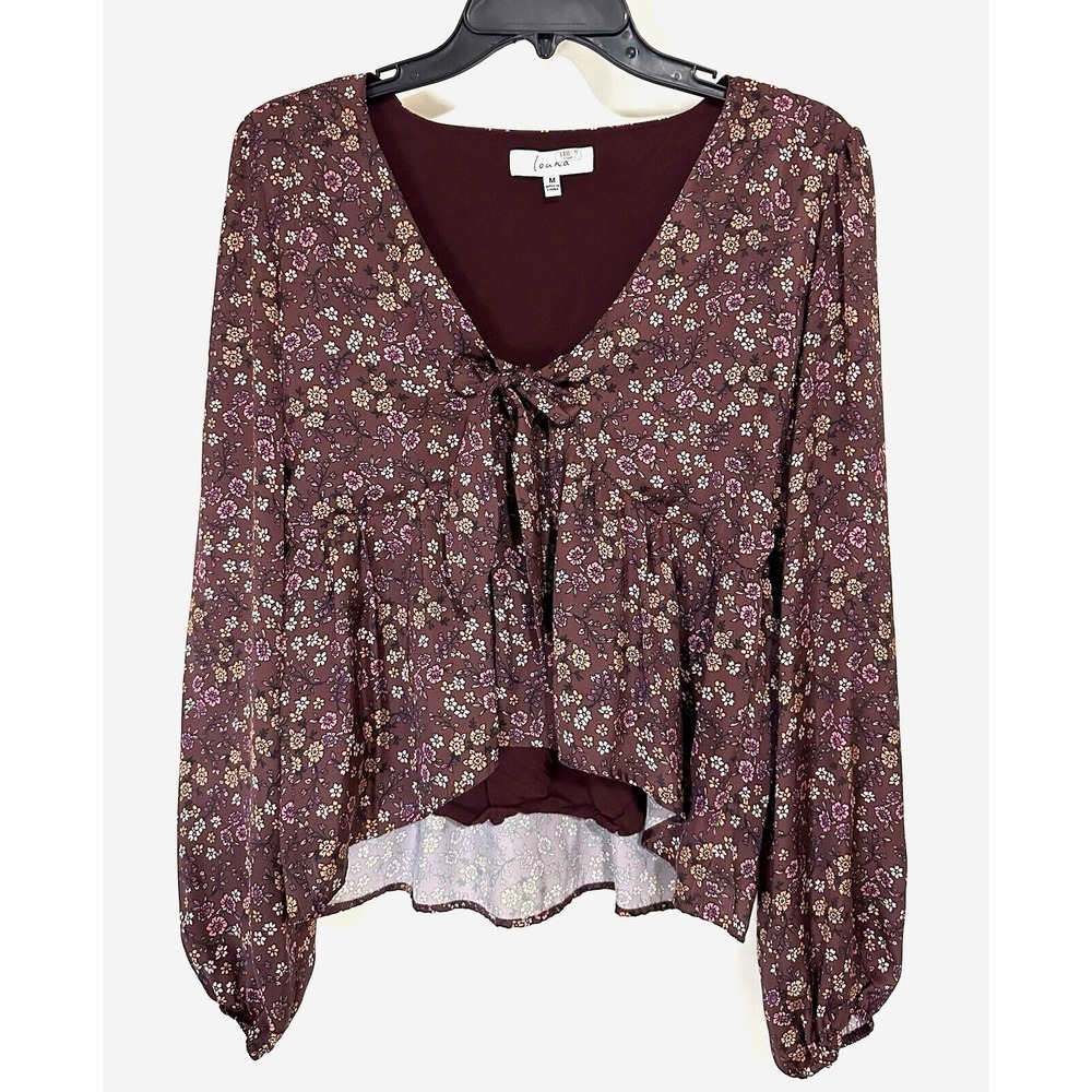 Louna Babydoll Blouse Womens M Floral Satin Ruffle Hem Lined Long Sleeve Top